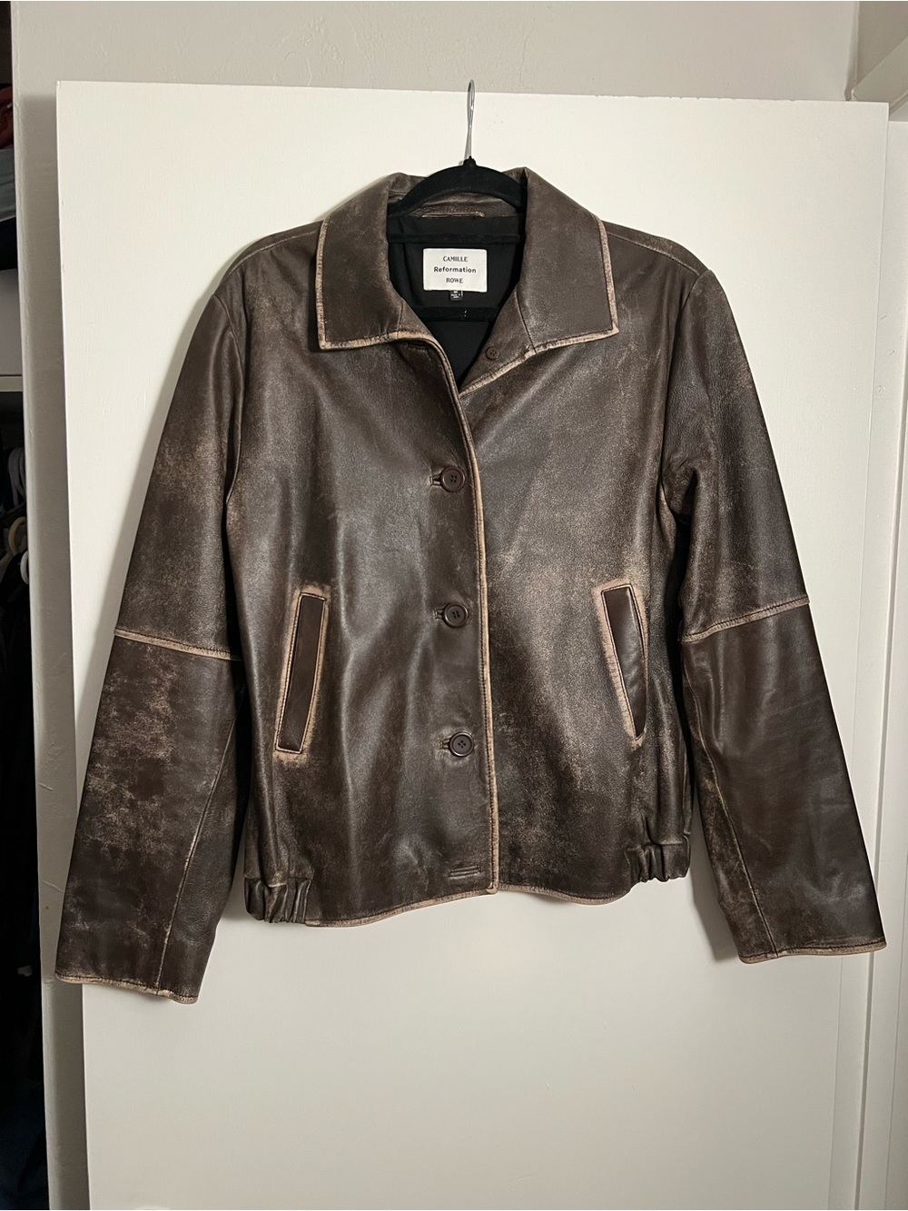 Reformation Distressed Brown Leather Button Jacket